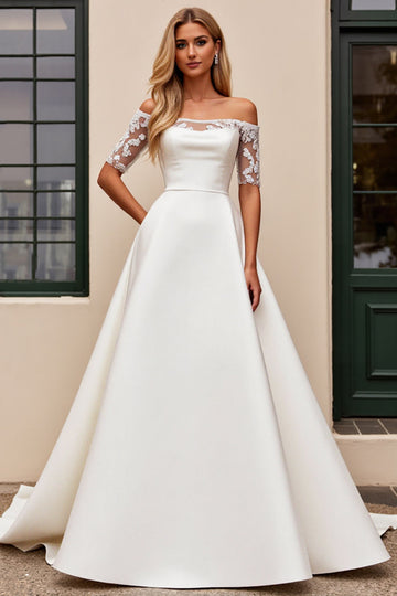 Ivory Lace Off the Shoulder Satin Wedding Dress with Half Sleeves